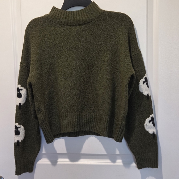 Ultra Flirt Sweaters - Ultra Flirt Olive Green Mock Neck Sweater with Contrast Sleeve Motifs